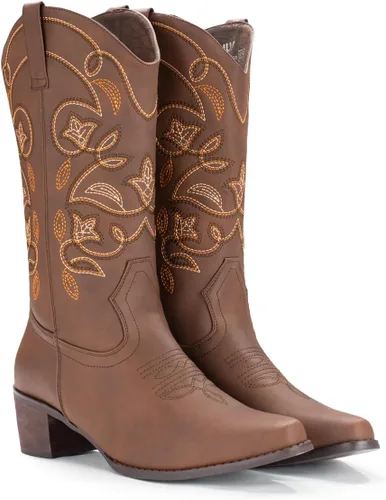Vista 6 de IUV Botas vaqueras para mujer con punta puntiaguda, botas vaqueras de media pantorrilla