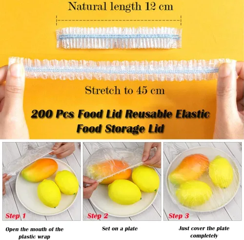 Vista 9 de AKOAK Bolsas desechables para almacenamiento de alimentos (aproximadamente 200), película adhesiva, reutilizables, tapa elástica de plástico