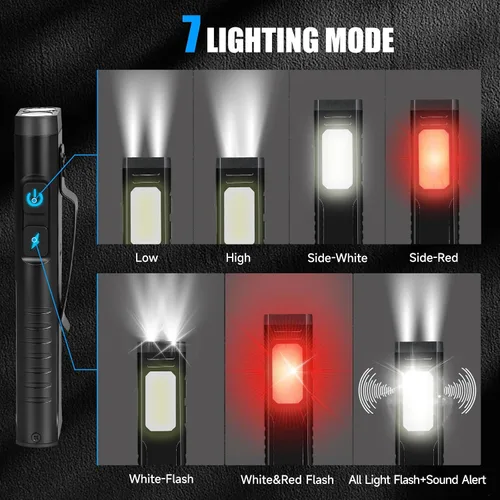 Vista 3 de linterna recargable EDC con beeper de sonido, linternas planas portátiles de bolsillo, linterna magnética pequeña, linterna de mano con clip de luz