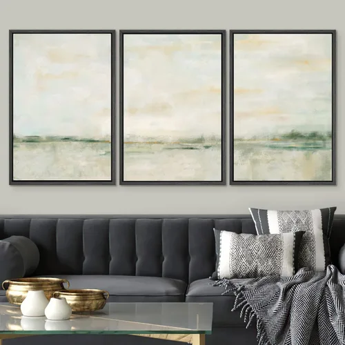 Vista 607 de SIGNWIN Lienzo enmarcado para pared, juego de arte pastel con cadena montañosa, bosque, niebla, naturaleza silvestre, ilustraciones modernas, arte
