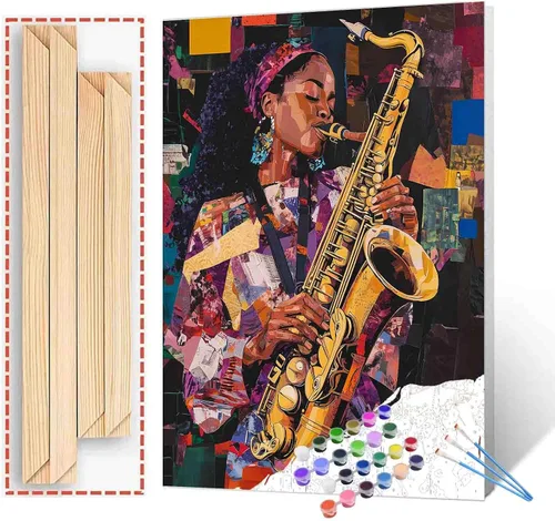 Vista 26 de Pintura de niña afro a la moda, kits de pintura por números, 16 x 20 pulgadas, lienzo de hojas tropicales, pintura al óleo para niños y adultos