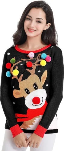 Vista 3 de v28 - Suéter tipo Ugly Christmas (feo de Navidad) para mujer, diversos estilos, suéter de punto con diseño de reno feliz
