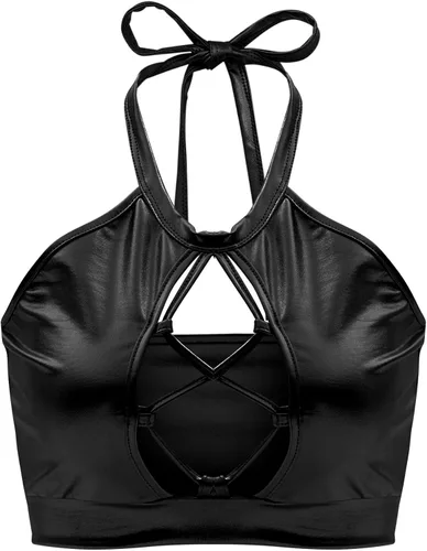 Vista 3 de SFBBCLOZ Conjunto de 2 piezas para mujer, con aspecto mojado, parte superior corta metálica brillante, minifalda para fiesta, club, festival, rave