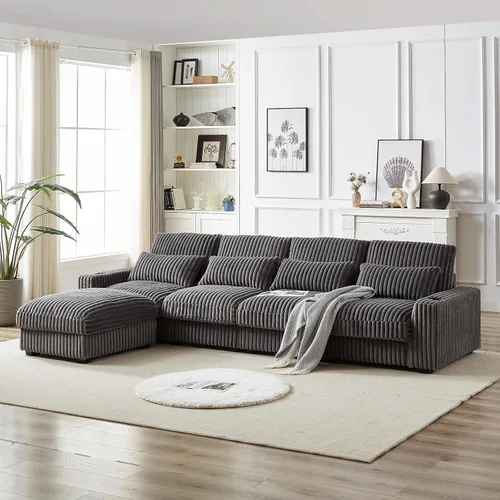 Vista 9 de Sofá cama modular de pana de 126 pulgadas de gran tamaño con portavasos, sofá cama convertible de 4 plazas con puerto de carga USB y cojines de Beige
