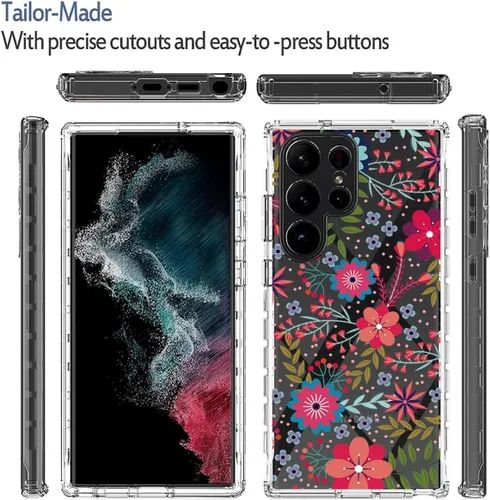Vista 5 de Funda para Galaxy S23 Ultra, Samsung S23 Ultra S918U con protector de pantalla de vidrio templado, funda protectora de TPU transparente floral