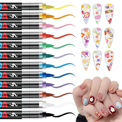 Vista 13 de IONSGAKO Juego de bolígrafos de arte de uñas de 12 colores, bolígrafos de esmalte de uñas, bolígrafo de dibujo de arte de uñas, secado rápido