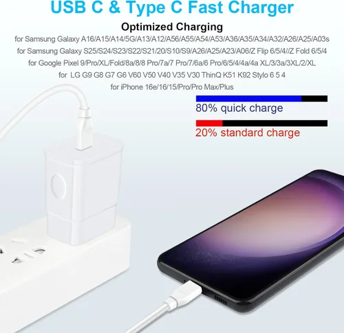Vista 6 de Cargador súper rápido de 25 W, cargador de teléfono Android C de 10 pies de largo, cable USB tipo C, carga rápida para Samsung Galaxy A17 A16 5G A15