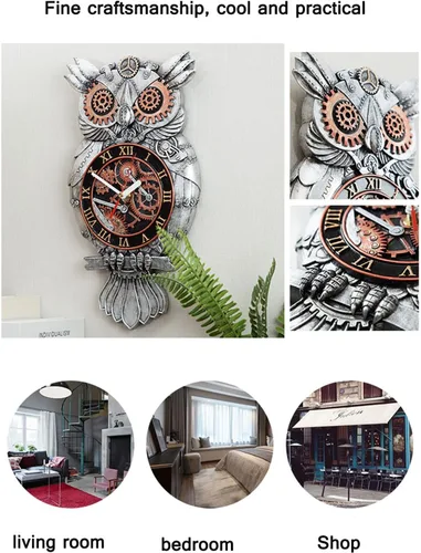 Vista 5 de Reloj de pared con péndulo, reloj de péndulo de búho steampunk de imitación de metal de imitación de reloj de pared de resina pintada a mano