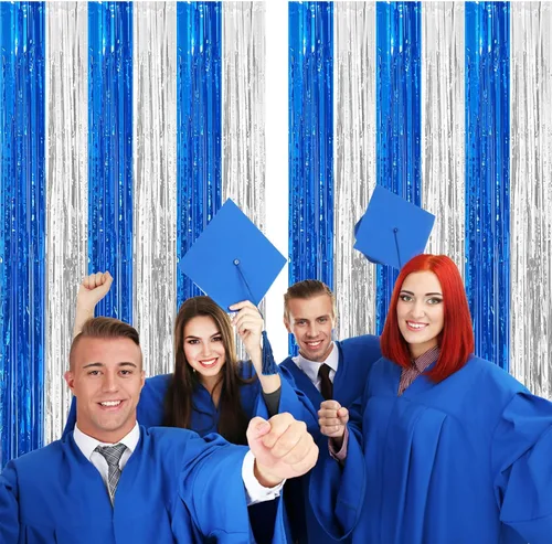 Vista 4 de Paquete de 2 cortinas de flecos de papel de aluminio azul y plateado, accesorios para cabina de fotos, telón de fondo de oropel para graduación