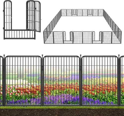 Vista 17 de Valla decorativa de metal negro para jardín con puerta, 4.5 pies de largo x 32 pulgadas de alto, 2 paneles de valla sin excavación, valla de barrera