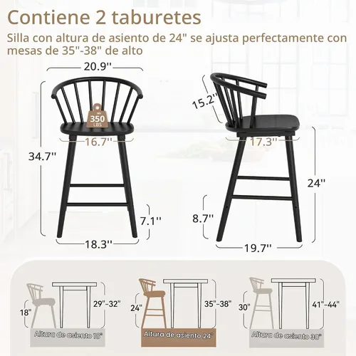 Vista 2 de LUE BONA Juego de 2 Taburetes de Bar, Taburetes de Bar Negros Estilo Granja con Respaldo Semicircular, Taburetes de Bar Modernos de Mediados