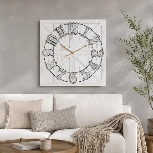 Vista 13 de EMAX HOME Reloj de pared grande estilo casa de campo, reloj de madera rústico cuadrado marrón de 24 pulgadas con letrero decorativo de madera