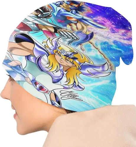 Vista 5 de KLEIDUNG Anime Saint Seiya Gorro de punto delgado elástico casual suave cráneo gorra gorra de cabeza negro, Negro