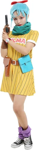 Vista 3 de Cosplay.fm Disfraz de anime para mujer, vestido amarillo con bufanda y cinturón