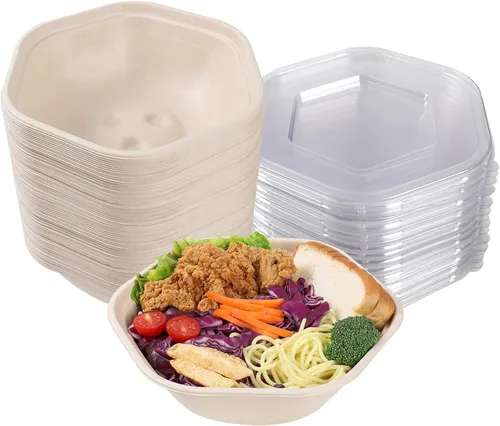 Vista 7 de Ensaladeras desechables de 37 onzas con tapas, contenedor de fibra vegetal, paquete de 20