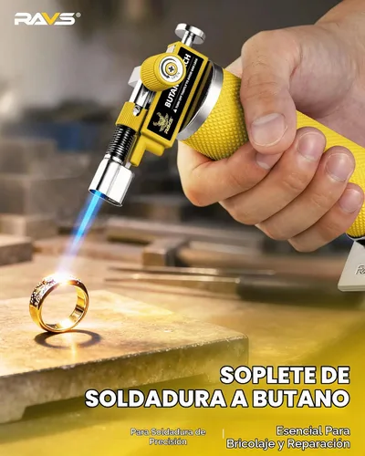 Vista 5 de RAVS Encendedor de butano con 2 modos de llama, soplete de cocina recargable con llama ajustable y hebilla de seguridad, antorcha de joyería Amarillo