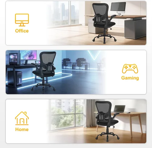 Vista 9 de Silla de oficina ergonómica de malla, soporte lumbar ajustable, brazos abatibles, silla giratoria para computadora con respaldo transpirable