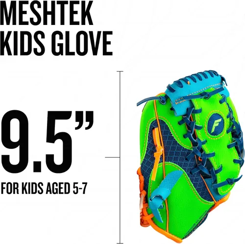 Vista 5 de Franklin Sports Guantes Meshtek + pelota para niños Azul marino/Lima/Naranja