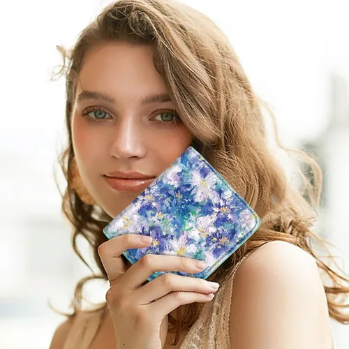 Vista 7 de Cartera pequeña con bloqueo RFID para mujer, con bolsillo plegable y compacto, lindo soporte para tarjetas de crédito, ranura para monedas, monedero