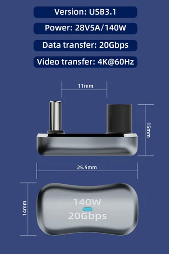 Vista 6 de AreMe - Adaptador USB C de ángulo de 180 grados, 2 unidades, color gris Adaptador tipo C macho a hembra 20Gbps PD 140W para Steam Deck, Switch