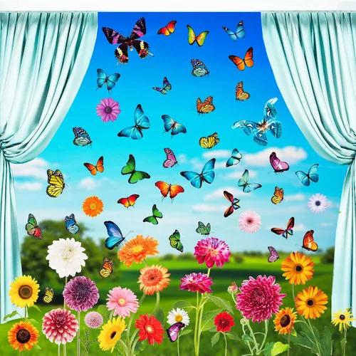 Vista 12 de Calcomanías de primavera para ventana, encanta tus ventanas de cristal con 127 piezas en 9 hojas, diseños de tulipanes, mariposas y flores para una