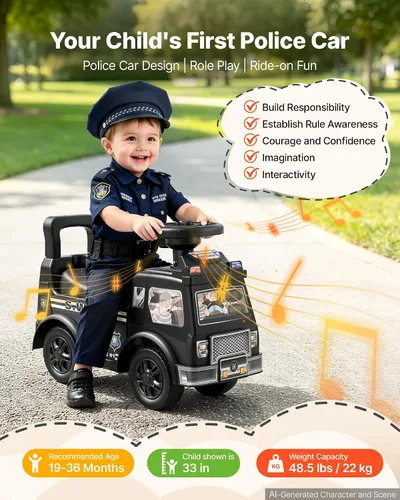Vista 2 de VEVOR Coche de policía para niños pequeños a partir de 19 meses de paseo Negro