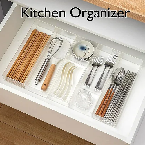 Vista 6 de Juego organizador de cajones de acrílico apilable, 11 cubos de almacenamiento de varios tamaños para maquillaje, escritorio de oficina, baño