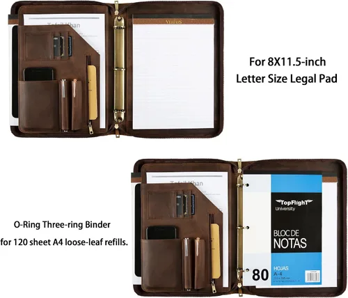 Vista 5 de Carpeta y organizador de cuero genuino, carpeta de cuero vintage de 3 anillos, padfolio personalizado para hombres de negocios, blocs legales