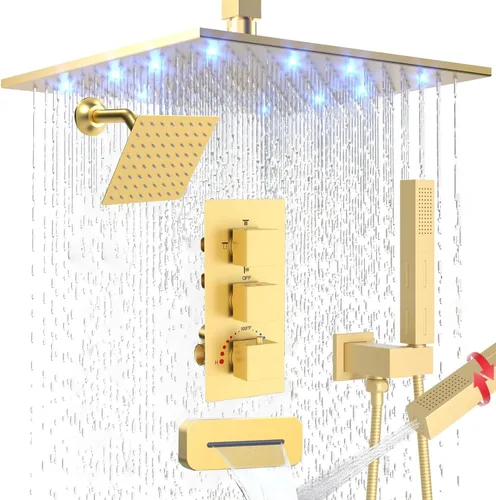 Vista 15 de Enga Juego de grifo de ducha termostático, cabezal de ducha LED de 12 pulgadas con cabezal de ducha doble de 6 pulgadas, juego de grifo de ducha