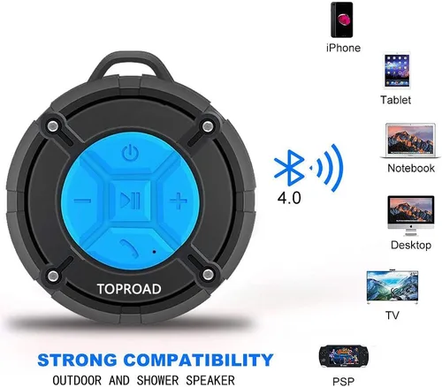 Vista 10 de TOPROAD - Altavoz Bluetooth impermeable, altavoces de ducha IPX7, pequeño altavoz portátil con clip y 2 ventosas, micrófono integrado, altavoz manos