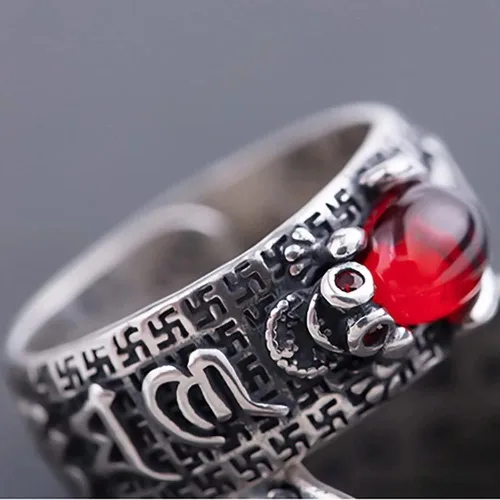 Vista 7 de JUNTEN Feng Shui PIXIUToad MANI Mantra Ring 990 Sterling Silver Ring Amulet Lucky Wealth Open Adjustable Rings Buddhist Jewelry