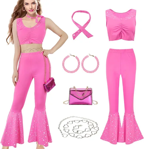Vista 5 de Soyezletop Disfraz de vaquera de los años 70 y 80, disfraz de discoteca hippie para Halloween, cosplay, pantalones acampanados rosa para mujer