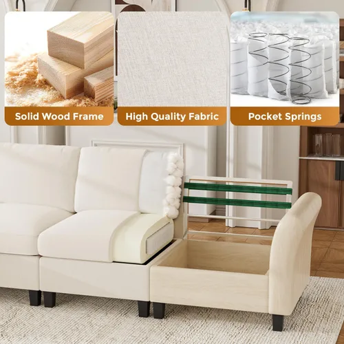 Vista 9 de Legend Vansen Sofá modular seccional, cómodo sofá modular en forma de U de 6 asientos con espacio de almacenamiento y diván, sofás seccionales Crema