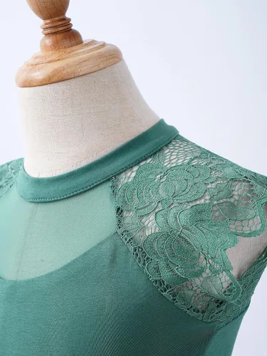 Vista 6 de Leotardo de algodón de una pieza para niñas, de encaje, con volantes, manga con volantes, para gimnasia, ballet y danza, verde ( Bean Green )