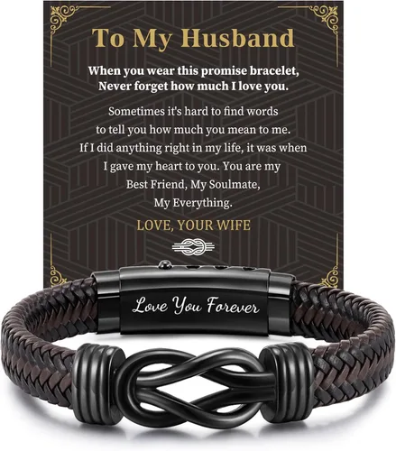 Vista 9 de MEALGUET Men's Bracelets Gifts for Men - Brown Braided Leather Infinity Knot Bracelets Engraved Love Massage for Son Man Husband Boyfriend, Mens