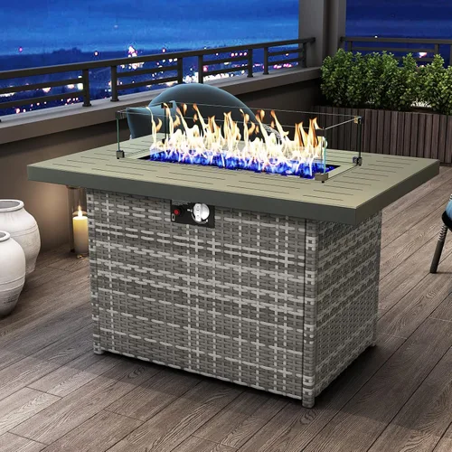 Vista 10 de Mesa para fogón de gas propano de 44 pulgadas para patio exterior, fogón rectangular al aire libre de mimbre de ratán de 60000 BTU con protector