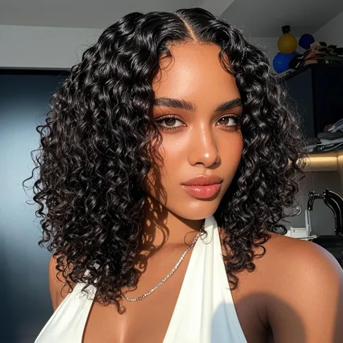 Vista 4 de Peluca Bob de encaje frontal de Superfect, cabello humano de 10 pulgadas, 13x4 ondas profundas rizadas, pelucas frontales transparentes