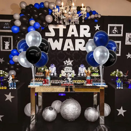 Vista 7 de TONIFUL Juego de 4 centros de mesa de globos con soporte para globos de color negro, azul y plateado