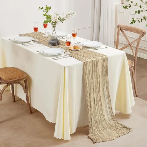 Vista 8 de Camino de mesa de gasa beige de 10 pies, camino de mesa de gasa boho, rústico, transparente, de 35x120 pulgadas de largo, para decoración de mesa