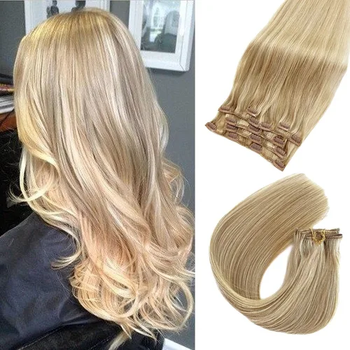 Vista 23 de Extensiones de cabello humano real Remy con clip, color blanco hielo, extensiones de cabello humano natural con clip, 12 pulgadas, 7 piezas, 2.47 oz