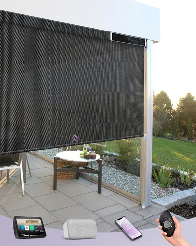 Vista 15 de Graywind Persianas enrollables motorizadas para exterior para patio compatibles con Alexa Google, cortinas solares inteligentes para exteriores