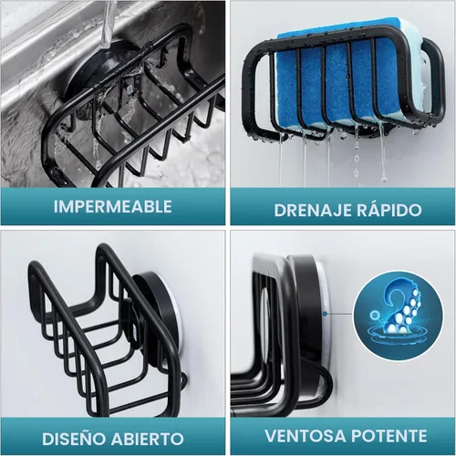 Vista 5 de TAILI Soporte de esponja para fregadero de cocina con ventosa fuerte, organizador de fregadero de aluminio a prueba de óxido, soporte de esponja