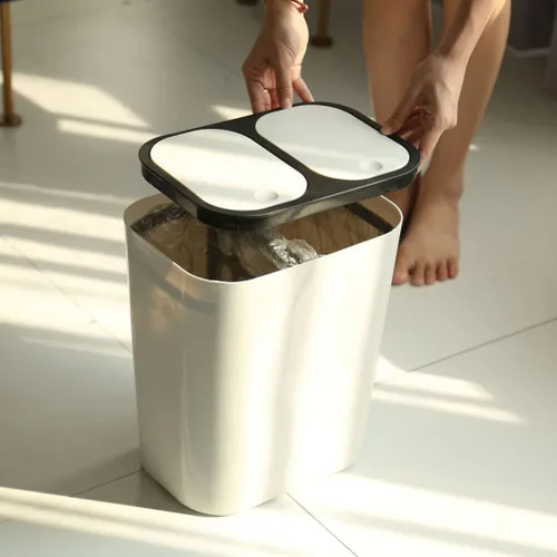 Vista 4 de Bote de basura de doble compartimento para residuos de cocina, contenedor de basura blanco con tapa para separación seca y húmeda, elegante cubo