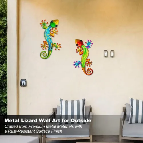 Vista 7 de Arte decorativo de Gecko de pared de metal, 14 pulgadas, paquete de 2 Diseño de escalada 3D, escultura de vidrio decorativa, lagarto colgante