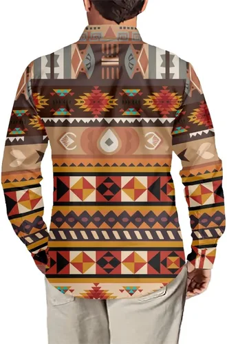 Vista 3 de Camisa azteca con botones para hombre, patrón nativo americano, camisas de manga larga con cuello en V y nación tribal
