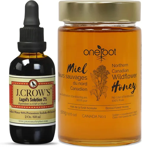 Vista 2 de J.CROW'S - Solución de yodo de Lugol con miel orgánica de flores silvestres crudas, suplemento de yodo líquido de 2 onzas líquidas y miel de flores