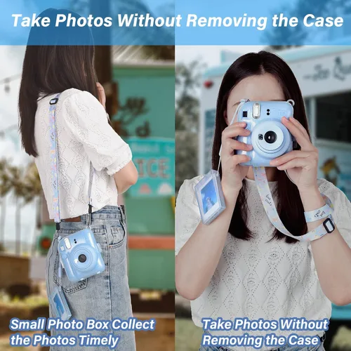 Vista 9 de Fuji Mini 12 - Funda rígida de policarbonato transparente para cámara instantánea Instax Mini 12 con calcomanías y soporte para almacenamiento