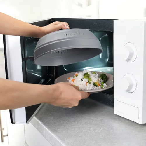 Vista 8 de Cubierta antisalpicaduras para microondas para alimentos - Cubierta de plato de vidrio de silicona, ventilada con perilla de agarre de silicona