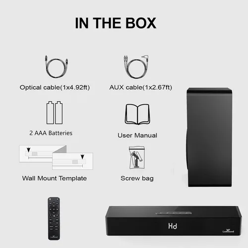 Vista 5 de LARKSOUND Barra de sonido 2.1 con subwoofer, barra de sonido de 16" para TV con conexiones HDMI/óptica/AUX/Bluetooth/USB