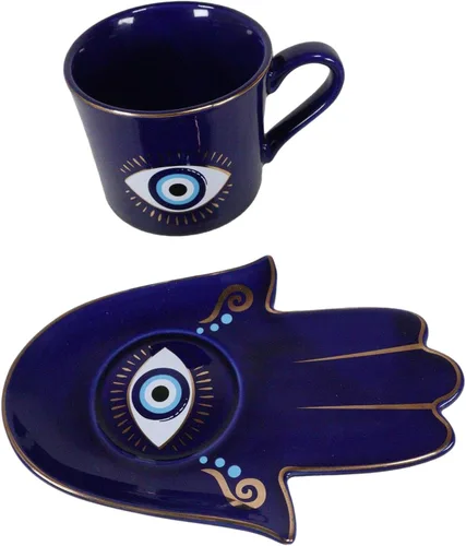 Vista 8 de Ebros Gift Wicca Occult Evil Eye Of Providence With Hamsa Quirología Quirología Palmistry Taza de café Taza de té con platillo Juego de vasos Wicca